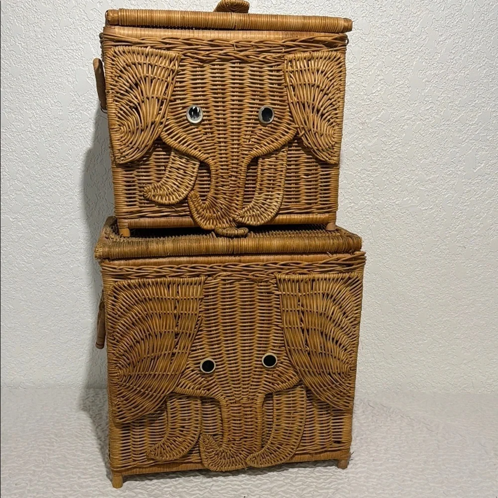 Two Adorable Vintage Elephant Design Wicker Storage Trunks/Baskets - Brown
